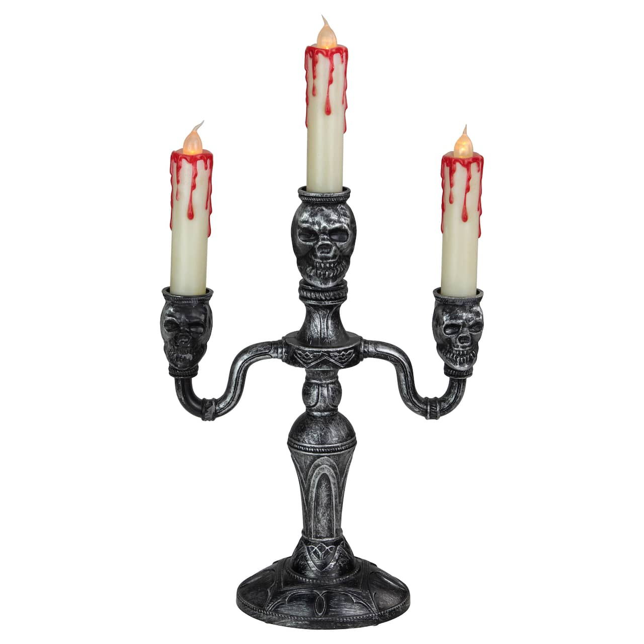 14&#x22; Antique Silver Skull Trio Halloween Candelabra D&#xE9;cor